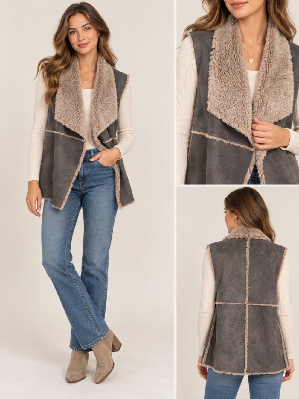 Dylan Gray Faux Suede Shearling Fur Lined Draped Vest Boho Size M